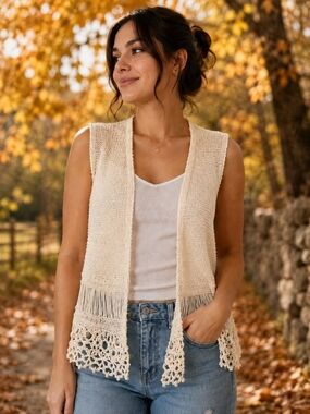 Cream Crochet Knit Fringe Open Front Boho Vest Size Large Best For Medium